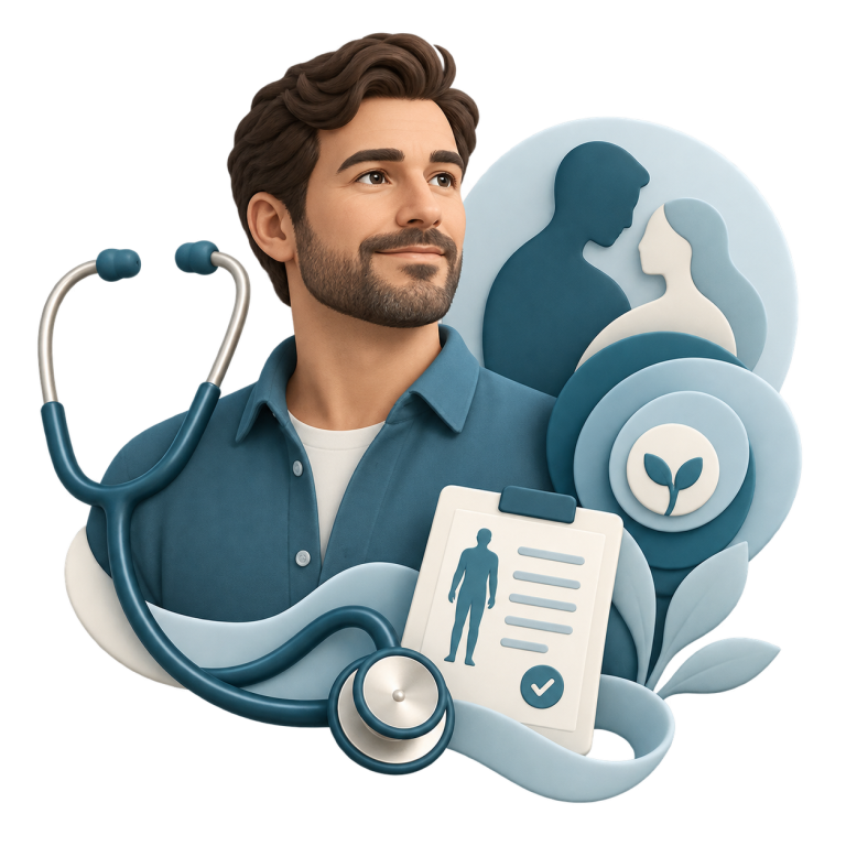 Ilustração de saúde masculina, consulta e fertilidade.